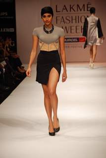 A model walks the runway in an Shrivan Narresh design at the Lakme Fashion Week