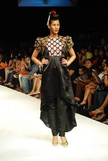 A model on the ramp for designer VJ Balhara at Lakme Fasion Week