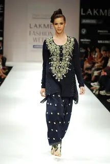 Models walk the ramp for Payal Singhal's creation at Lakme Fashion Week