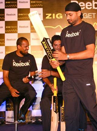 Cricketers Harbhajan Singh, Yusuf Pathan and Yuvraj Singh at a promotional event in New Delhi on Wed 2 Feb 2011. .
