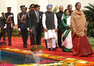 President Pratibha Patil, Prime Minister Manmohan Singh, Lok Sabha Speaker Meira Kumar and Parliamentary Affairs Minister Pawan K Bansal, at the beginning of the Budget session, in New Delhi