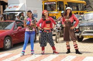 Additi Gupta, Kritika Kamra and Rakhi Sawant during the shooting of title song Zara Nachke Dikha