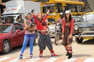 Additi Gupta, Kritika Kamra and Rakhi Sawant during the video shoot of title song Zara Nachke Dikha