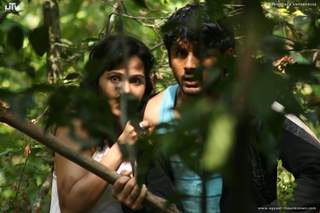 Nitin Reddy and Nisha Kothari looking feared