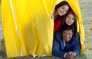 Aishwarya, Trisha and Prakash Raj at a photoshoot for the film Aakasamantha.