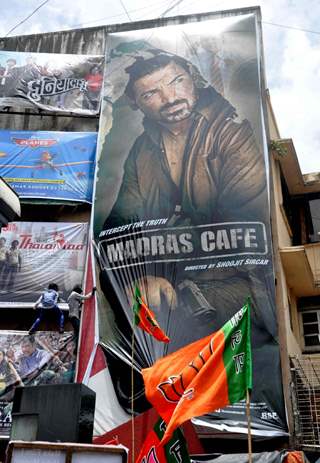 BJP activists protesting against the Hindi film 'Madras Cafe' in Mumbai