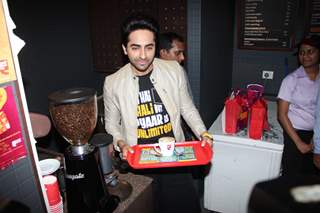 Ayushmann serves coffee as Promotions of Bewakoofiyaan at Cafe Coffee Day