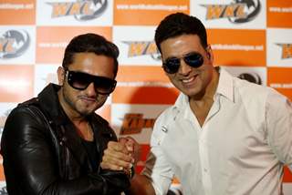 Akshay Kumar and Honey Singh pose for the media at the Launch of World kabaddi League in London