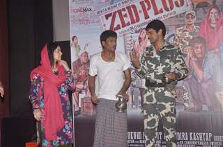 Mona Jaswir Singh, Adil Hussain and Rahul Singh performs an act at the Launch of the Film Zed Plus