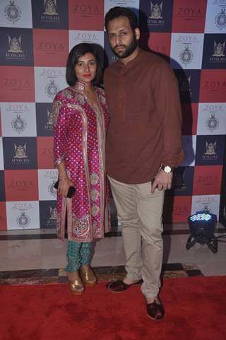 Bikram Saluja poses with wife at the Launch of Zoya's New Collection 'Jewels of the Rajputana'
