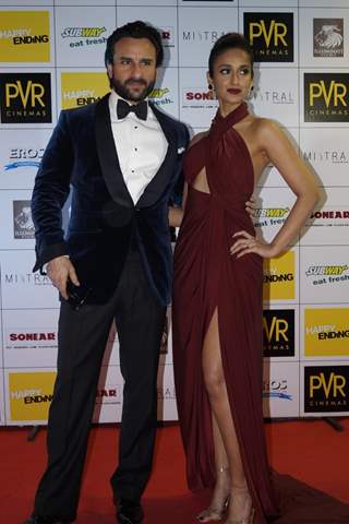 Saif Ali Khan and Ileana D'Cruz pose for the media at the Premier of Happy Ending in Delhi