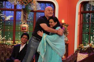 Anupam Kher gives Farida Jalal a hug during the Celebration of DDLJ's 1000th week Completion