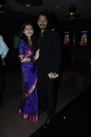 Shreyas Talpade poses with wife Deepti at the Premier of Marathi Movie Baji