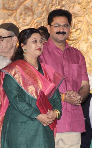 Suchitra Bandekar and Adesh Bandekar pose for the media at Manali Jagtap's Wedding Reception