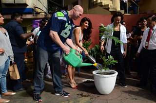 Tiger Shroff, Jacqueline Fernandes and Nathan Jones plants a small tree at Promotion of 'A Flying Ja