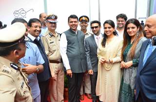 CM Devendra with Shaina and Raveena at Launch of State-of-the-Art Toilets for Police and Railways