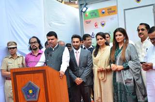 CM Devendra with Shaina and Raveena at Launch of State-of-the-Art Toilets for Police and Railways