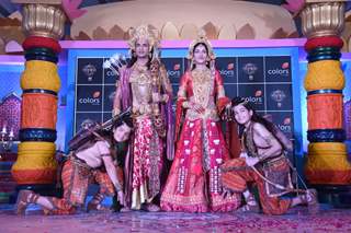 Harshit Kabra as Luv, Himanshu Soni as Lord Ram, Shivya Pathania as Sita and Krish Chauhan as Kush at the launch of COLORS' Ram Siya Ke Luv Kush at Guptar Ghat in Ayodhya
