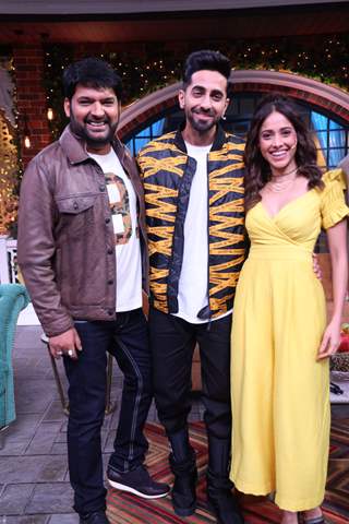 Ayushaman Khurrana and Nusrat Bharucha with Kapil Sharma  on the sets of The Kapil Sharma Show