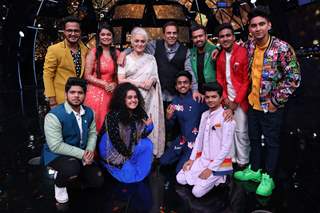 Asha ji and Dharam ji with contestants on Indian Idol