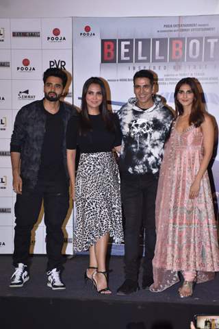 Jackky Bhagnani, Lara Dutta, Akshay Kumar, and Vaani Kapoor at Bell Bottom trailer launch in Delhi