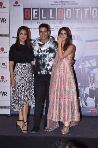 Lara Dutta, Akshay Kumar, and Vaani Kapoor at Bell Bottom trailer launch in Delhi