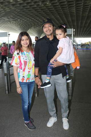 Shreyas Talpade poses with wife Deepti Talpade and daughter Aadya Talpade spotted at Mumbai airport 