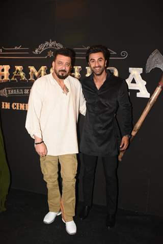 Sanjay Dutt poses with Ranbir Kapoor snapped at the promotions of Shamshera