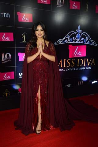 Harnaaz Sandhu was a beauty to behold in a marron gown as she was spotted at an event