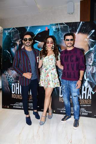 Khushalii Kumar, Aparshakti Khurana, Darshan Kumaar snapped promoting their upcoming film Dhokha Round D Corner in the city