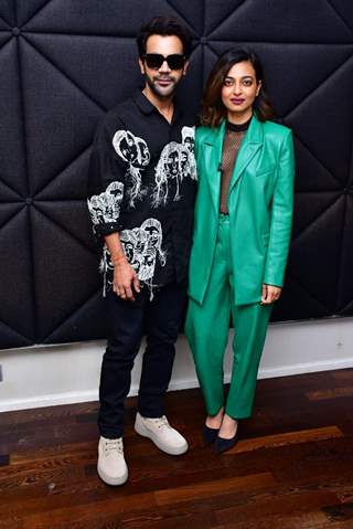 Rajkummar Rao looks super cool in a graphic print black shirt while Radhika Apte gives boss babe vibes in a latex green pant suit during the  promotions of their upcoming film Monica O My Darling