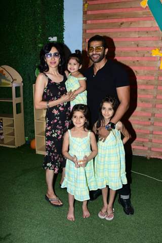 Karanvir Bohra and Teejay Sidhu snapped with their kids celebrating Laksh Singh Limbachiya Birthday in the city 