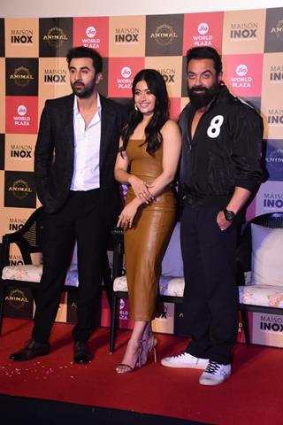 Ranbir Kapoor, Rashmika Mandanna and Bobby Deol at Animal movie screening