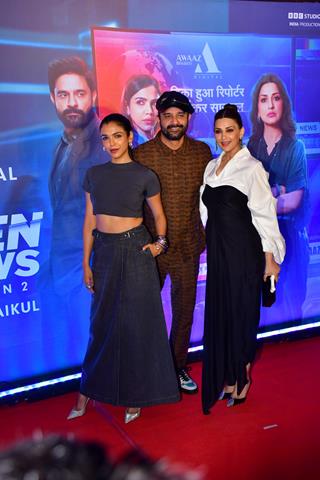 Sonali Bendre, Jaideep Ahlawat and Shriya Pilgaonkar attend the screening of Broken News 2