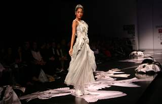 A model showcasing designer Gaurav Gupta''s creation at the Wills Lifestyle India Fashion week in New Delhi on Tuesday 27 Oct 2009