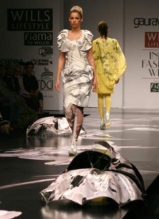 A model showcasing designer Gaurav Gupta''s creation at the Wills Lifestyle India Fashion week in New Delhi on Tuesday 27 Oct 2009