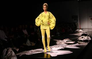 A model showcasing designer Gaurav Gupta''s creation at the Wills Lifestyle India Fashion week in New Delhi on Tuesday 27 Oct 2009