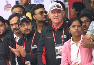 Former Australian cricket captain Allan Border and bollywood actor Rahul Bose at the Airtel Delhi Half Marathon, in New Delhi on Sunday ( Photo: IANS)