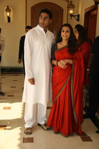 Bollywood actors Abhishek Bachchan and Vidya Balan at a press meet of &quot;PAA&quot; at Taj Land''s End