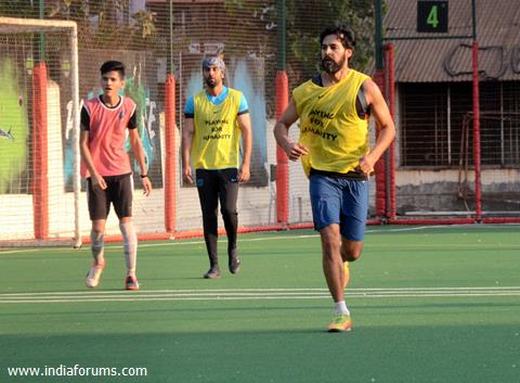 Ranbir, Dino and Jim indulge in a game of Football