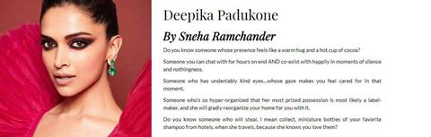 Sneha Ramchander's note for Deepika Padukone