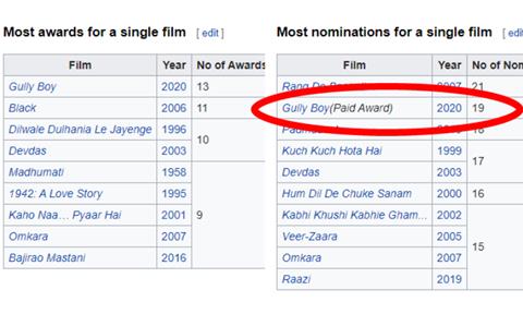 Gully Boy information gets tampered on Wikipedia