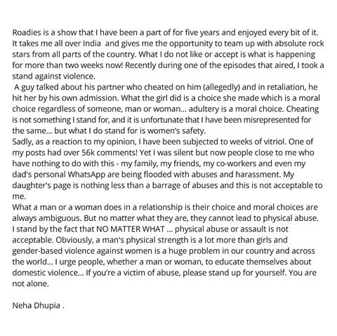 Neha Dhupia Statement