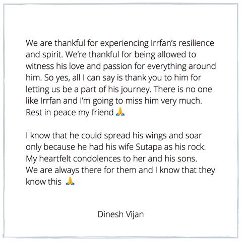 Dinesh Vijan's Note for Irrfan Khan