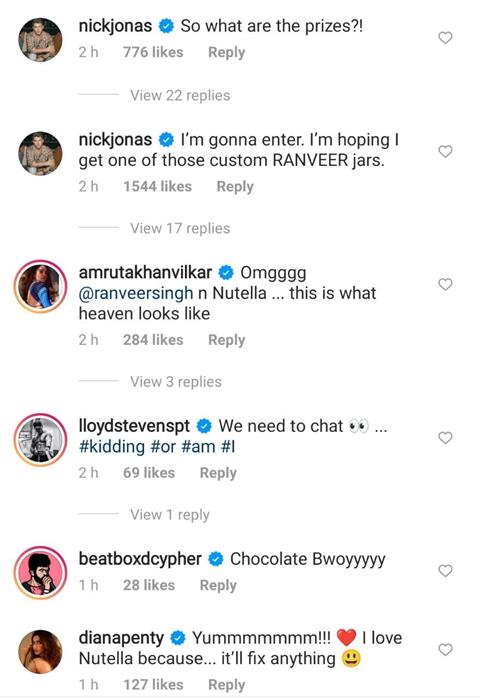 Nick Jonas Comment on Ranveer Singh Instagram
