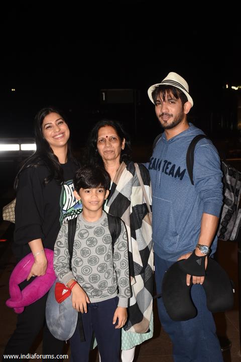 Arjun Bijlani poses with wife Neha Swami son Ayaan Bijlani mother Shakti Bijlani snapped at the Mumbai airport 