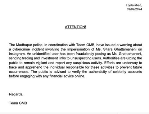 According to the statement released on GMB Entertainment's official Instagram handle, the Madhapur Police have been notified, and an investigation is currently underway 