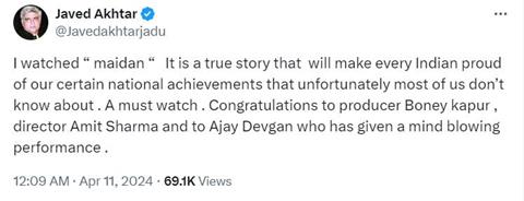 Javed Akhtar applauds Ajay Devgn for Maidaan, says : A must watch 
