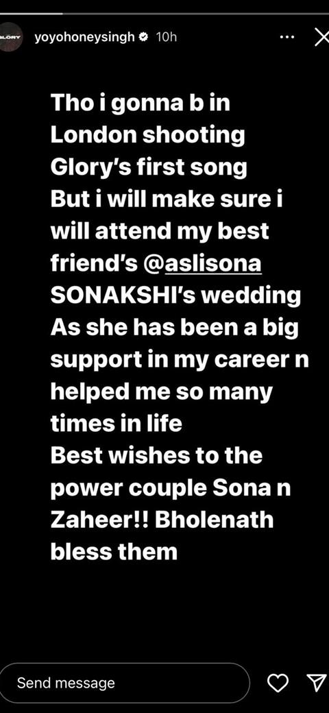 Yo Yo Honey Singh's heartfelt message for best friend Sonakshi Sinha ahead of her wedding