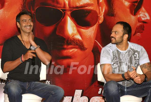 Ajay and Rohit Shetty at press meet to promote their film &quot;Singham&quot;, in New Delhi